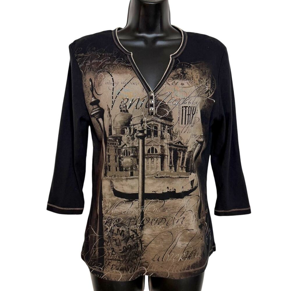 VTG Y2K Blue Canyon Venice Italy Graphic Top Split Neck Glitter Grunge Women XL